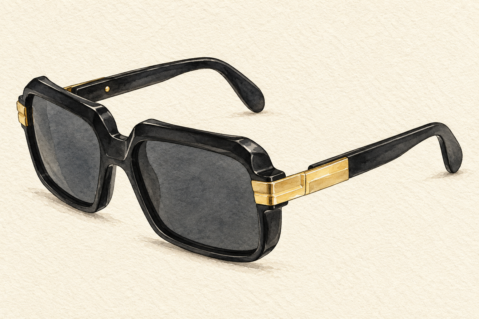 Hand-drawn editorial watercolor illustration of black Cazal Legends 607/3 sunglasses with dark grey lenses and gold temple hardware