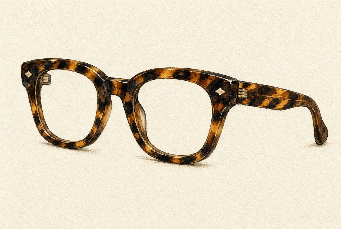 Hand-drawn editorial watercolor illustration of a tortoiseshell Moscot Lemtosh frame