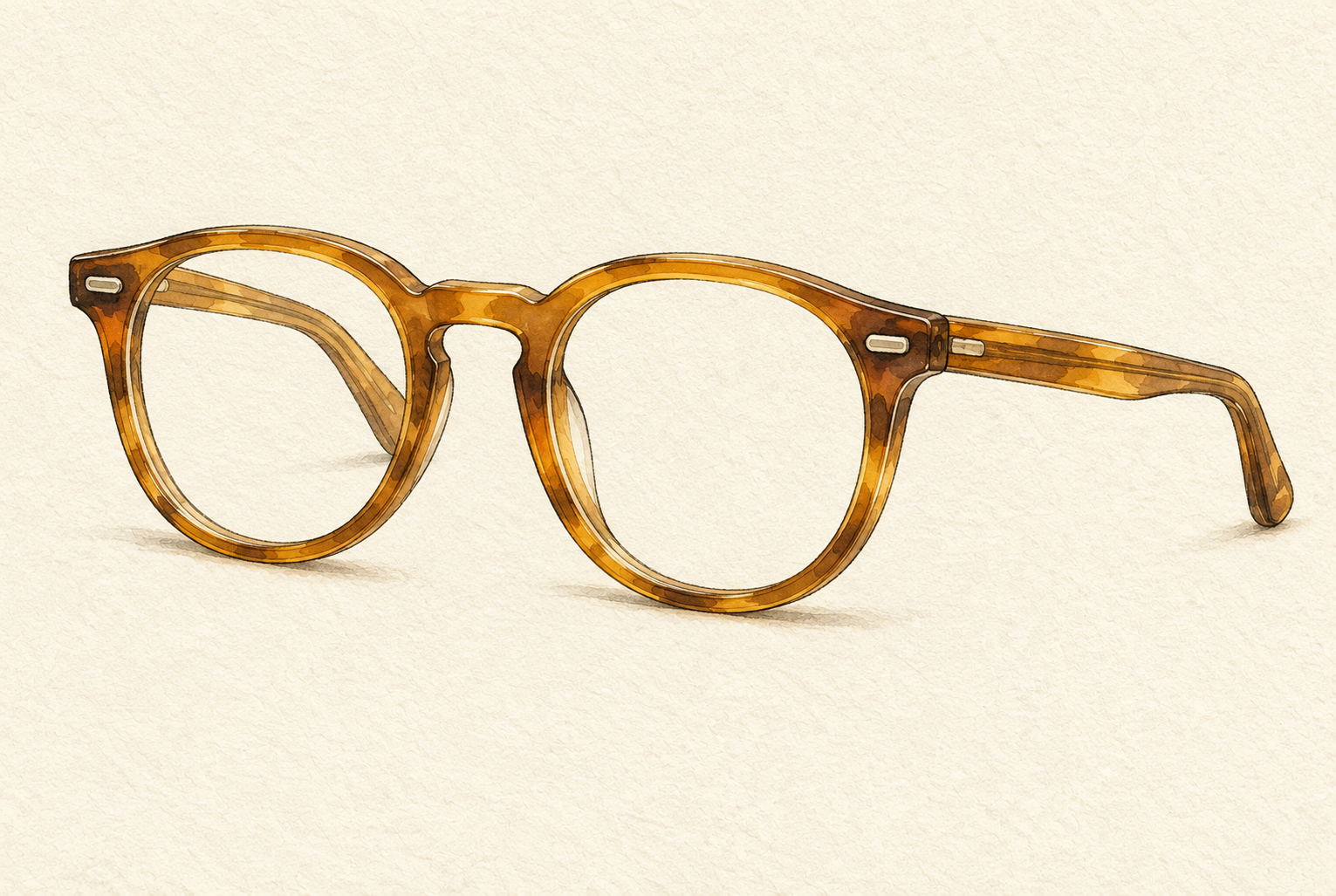 Hand-drawn editorial watercolor illustration of a honey-amber Oliver Peoples Gregory Peck optical frame