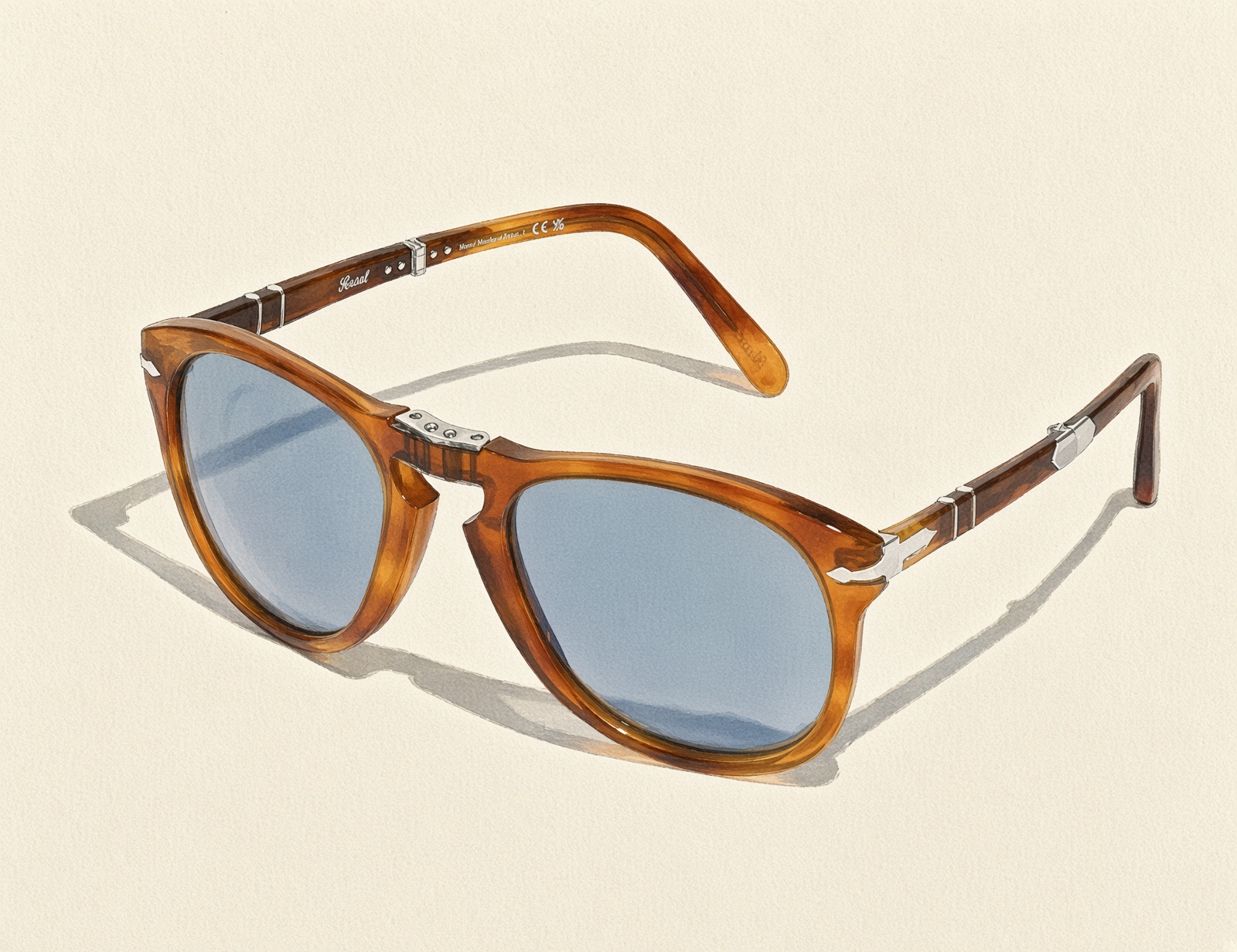 Hand-drawn editorial watercolor illustration of a tortoiseshell Persol 714 folding frame with blue lenses