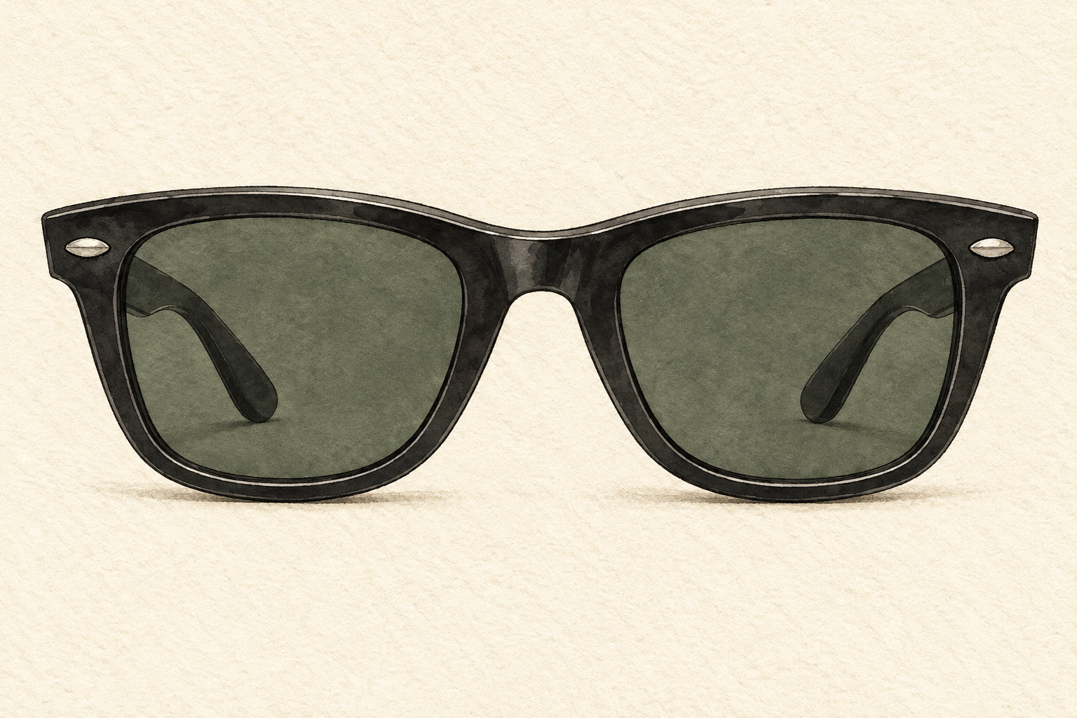 Hand-drawn editorial watercolor illustration of black Ray-Ban Original Wayfarer RB2140 sunglasses with dark green lenses